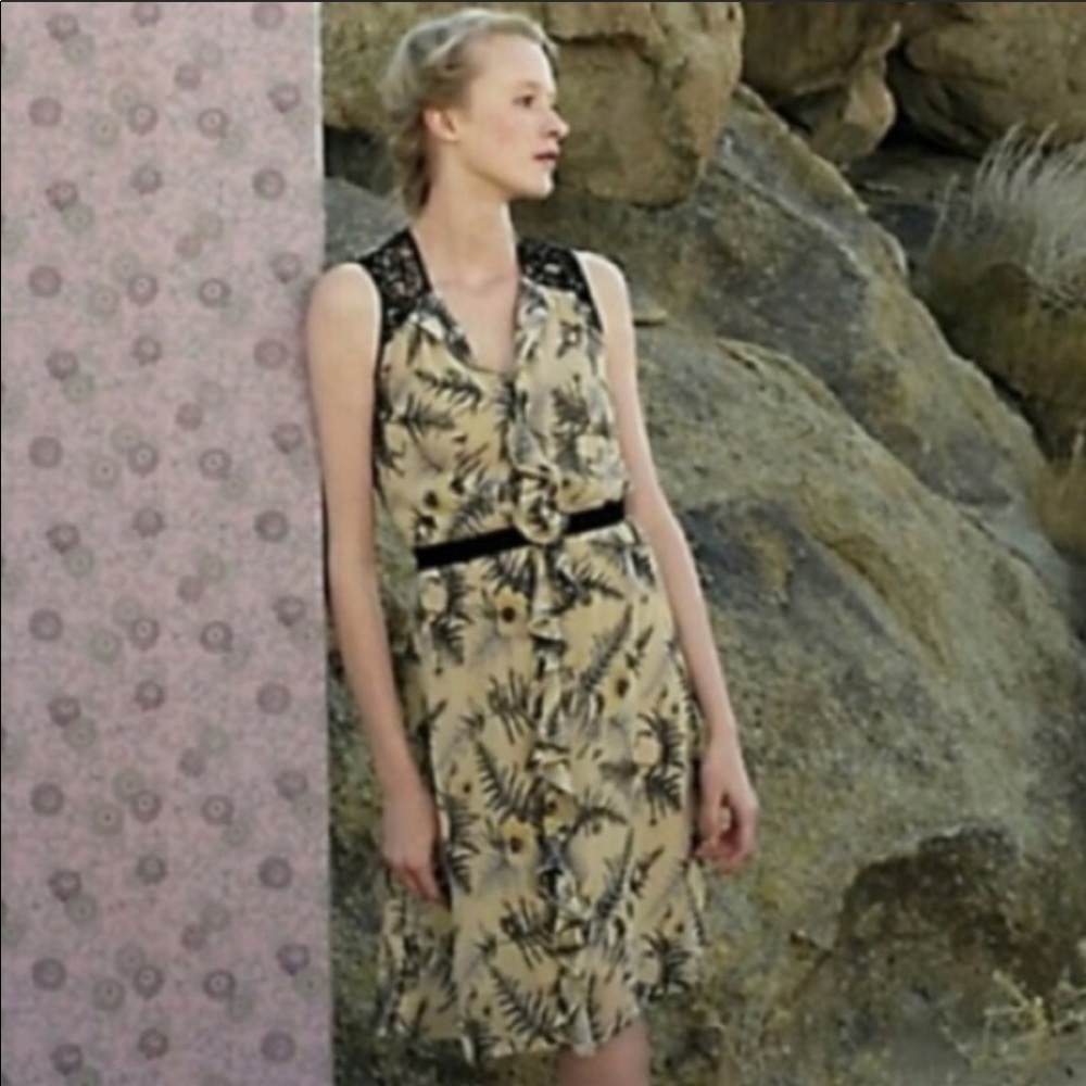 Anthropologie LIL Silk yellow leaf midi dress